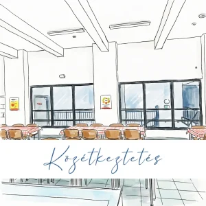 Közétkeztetést bemutató illusztráció intézményi étkezővel és asztalokkal